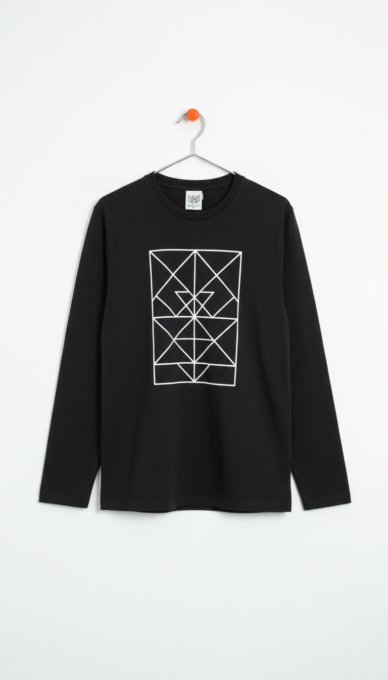 Camiseta manga larga negra gráfico geométrico blanco
