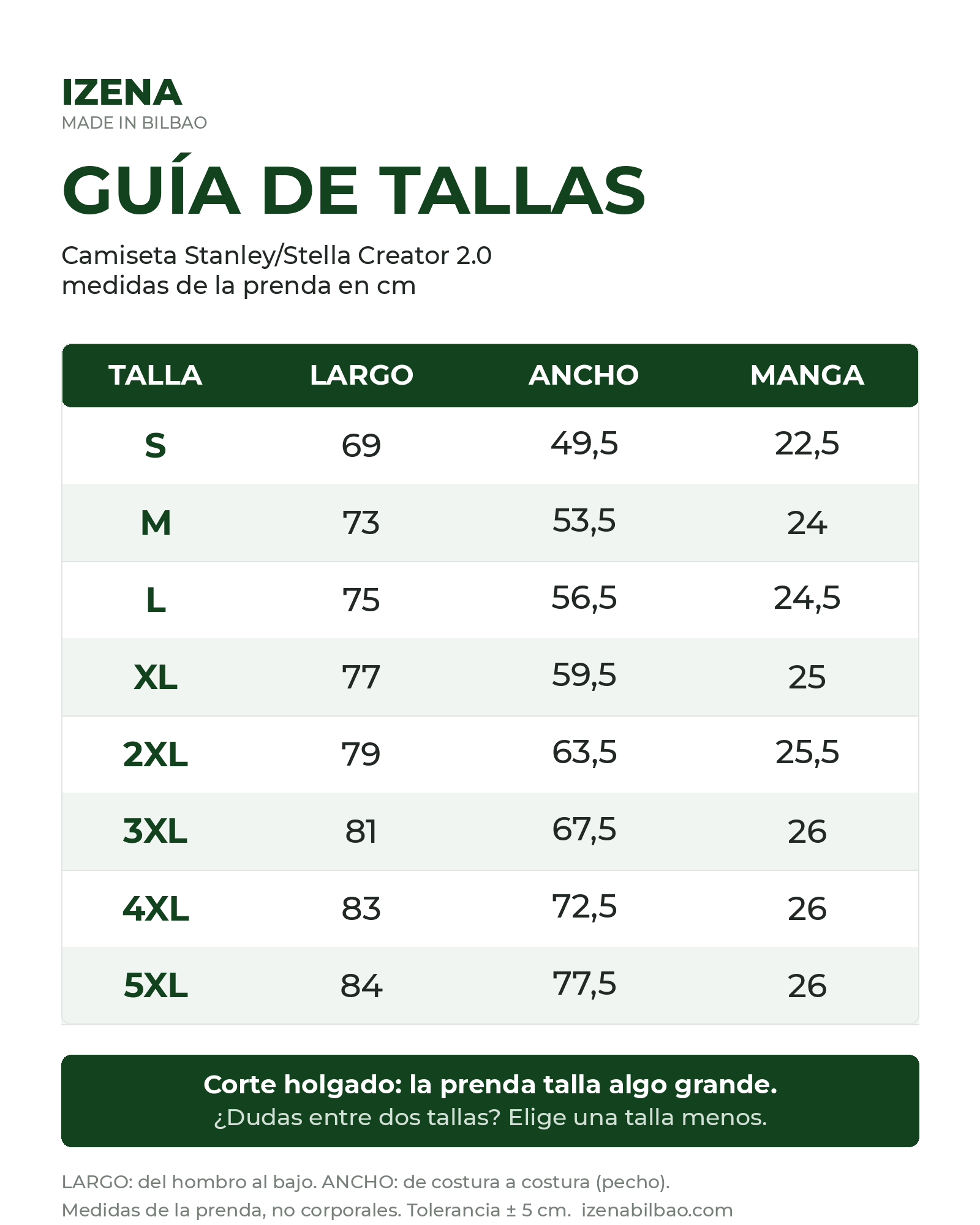 Guía de tallas IZENA — Camiseta Stanley/Stella Creator 2.0, medidas en cm