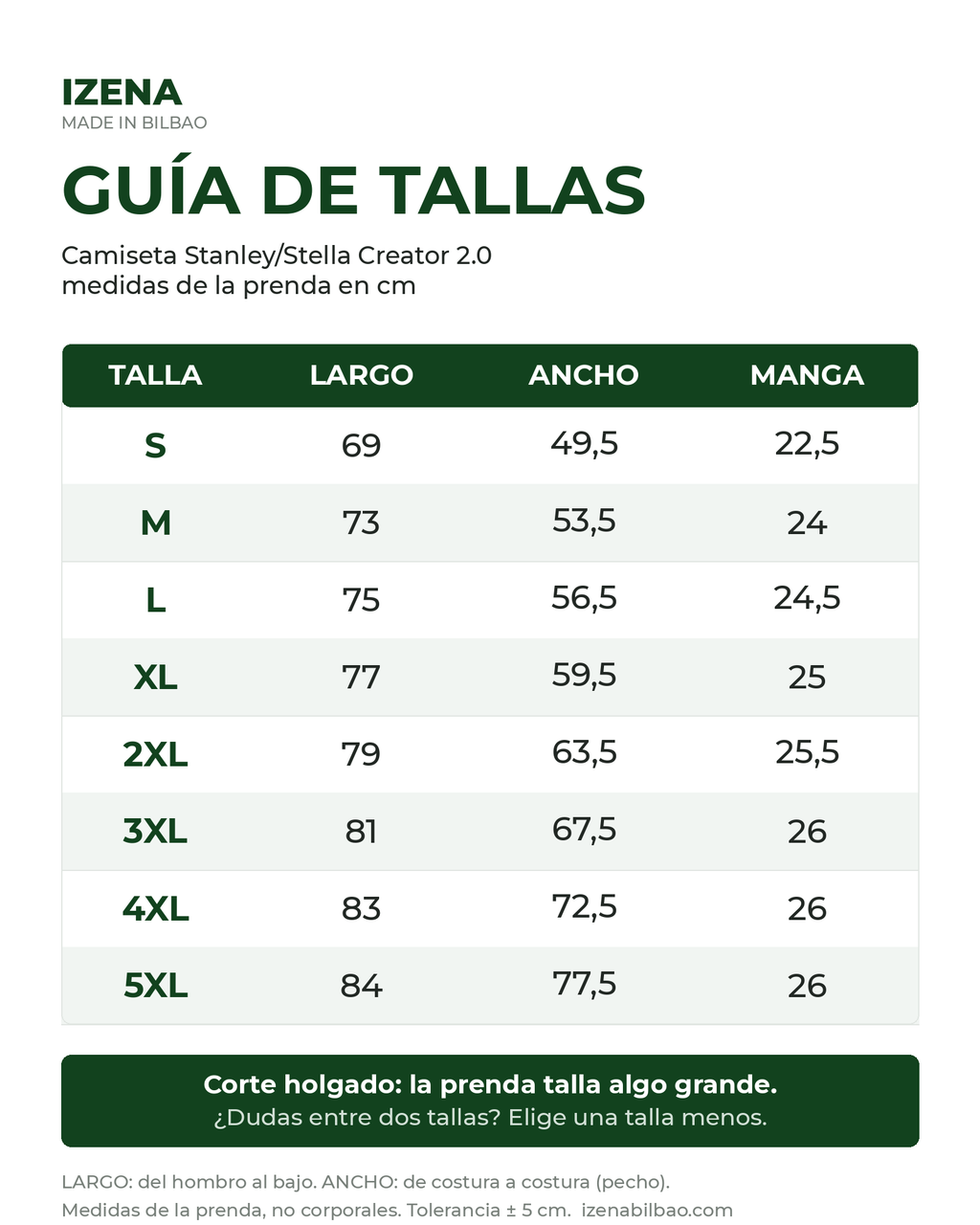 Guía de tallas IZENA — Camiseta Stanley/Stella Creator 2.0, medidas en cm