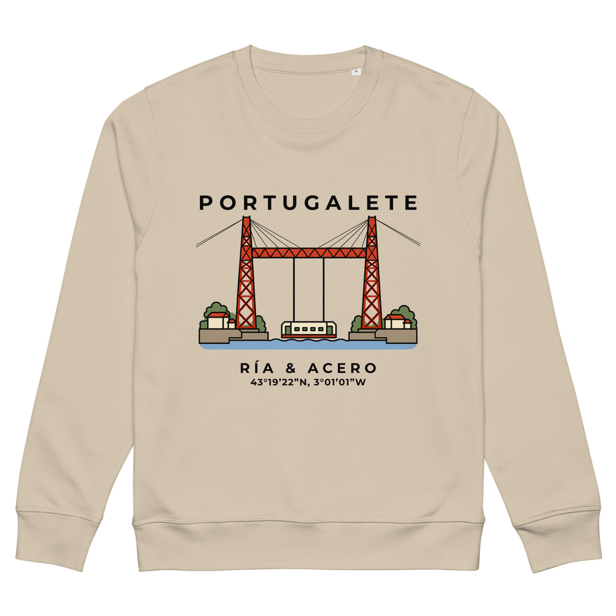Sudadera color arena de Portugalete con ilustración del Puente Bizkaia y sus coordenadas — IZENA