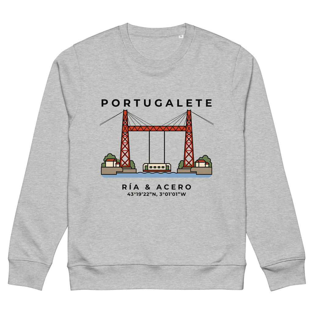 Sudadera gris jaspeado de Portugalete con ilustración del Puente Bizkaia y sus coordenadas — IZENA