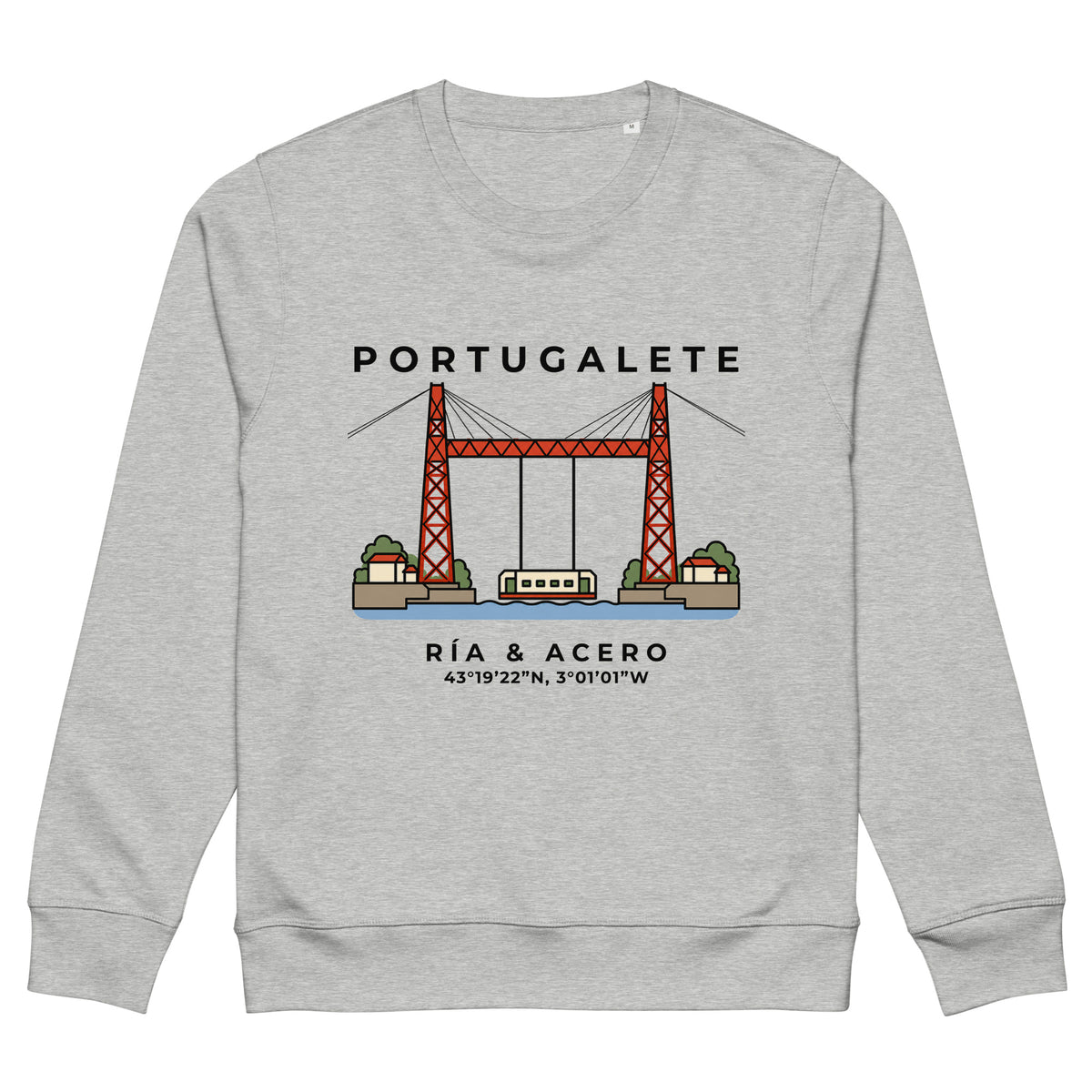 Sudadera gris jaspeado de Portugalete con ilustración del Puente Bizkaia y sus coordenadas — IZENA