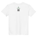 Camiseta de niños IZENA Gaztelugatxe · Mar & Leyenda – en blanco, espalda con el QR