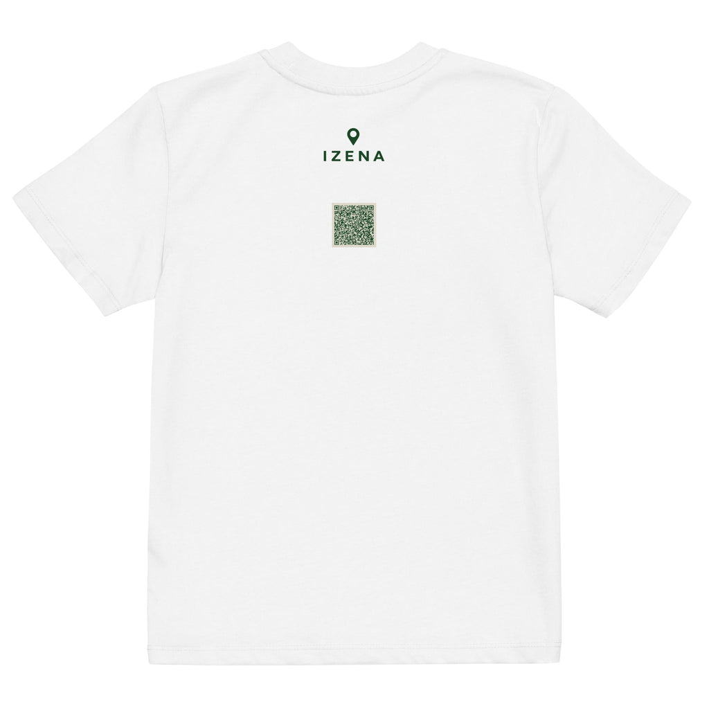 Camiseta de niños IZENA Donibane · Bahía & Corsarios – en blanco, espalda con el QR