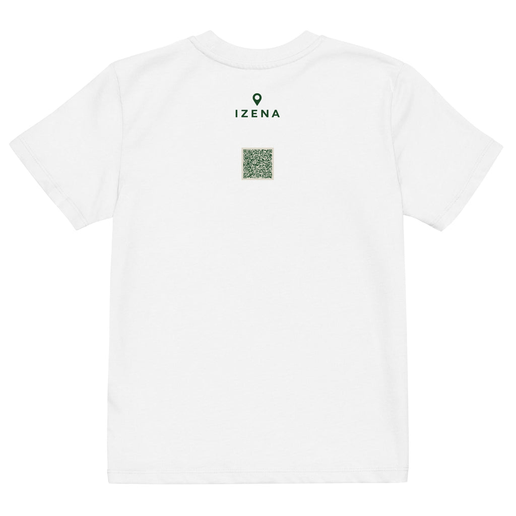 Camiseta de niños IZENA Biarritz · Roca & Océano – en blanco, espalda con el QR