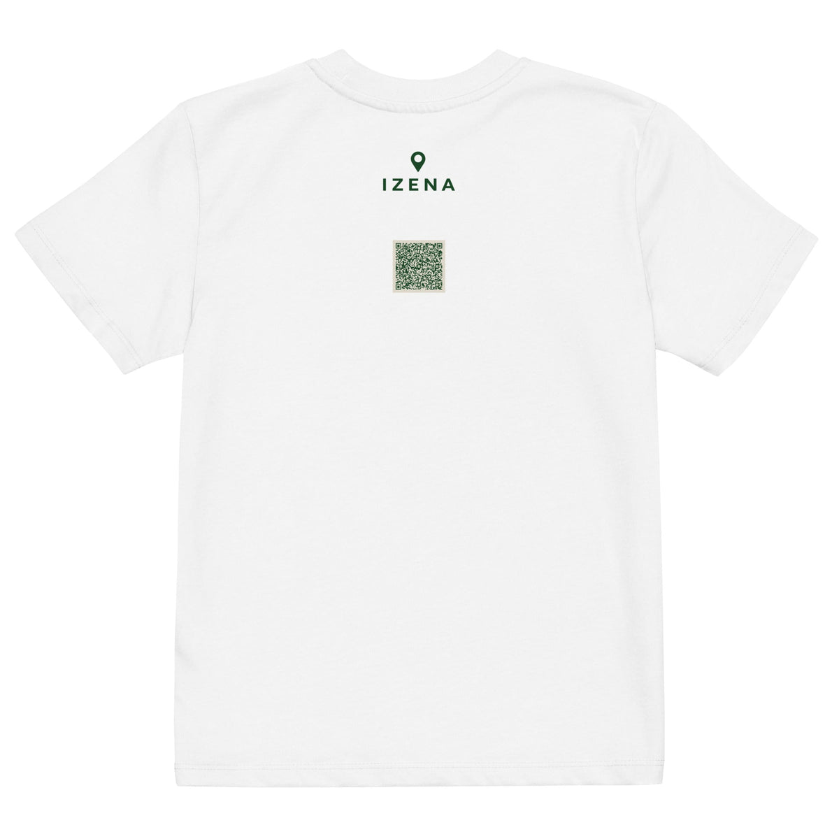 Camiseta de niños IZENA Biarritz · Roca & Océano – en blanco, espalda con el QR