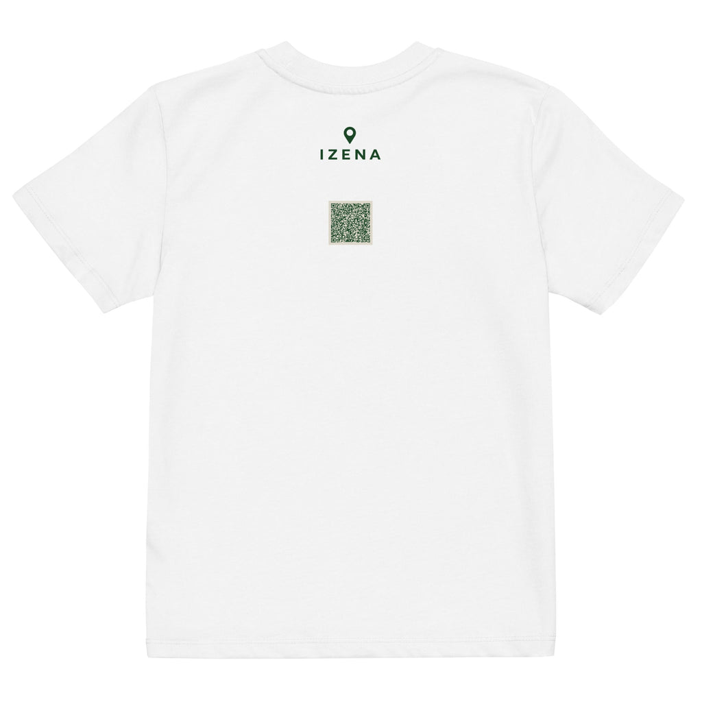 Camiseta de niños IZENA Baiona · Gótico & Río – en blanco, espalda con el QR