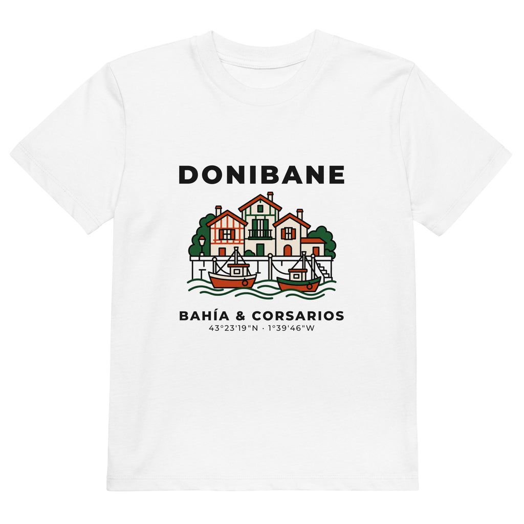 Camiseta de niños IZENA Donibane · Bahía & Corsarios – en blanco, de frente