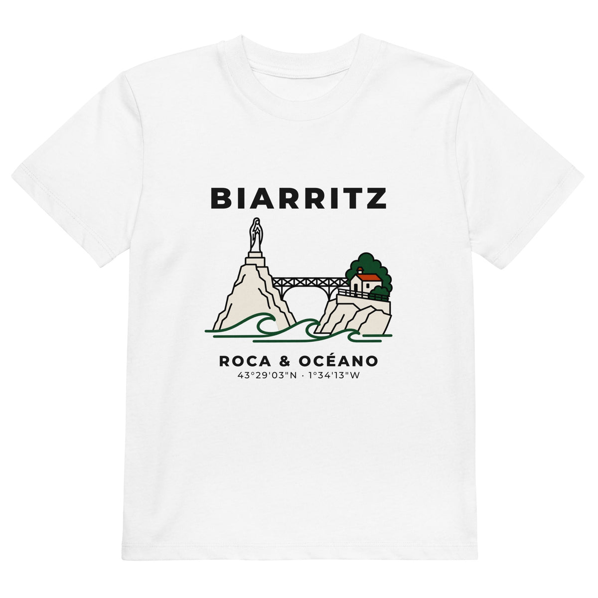 Camiseta de niños IZENA Biarritz · Roca & Océano – en blanco, de frente