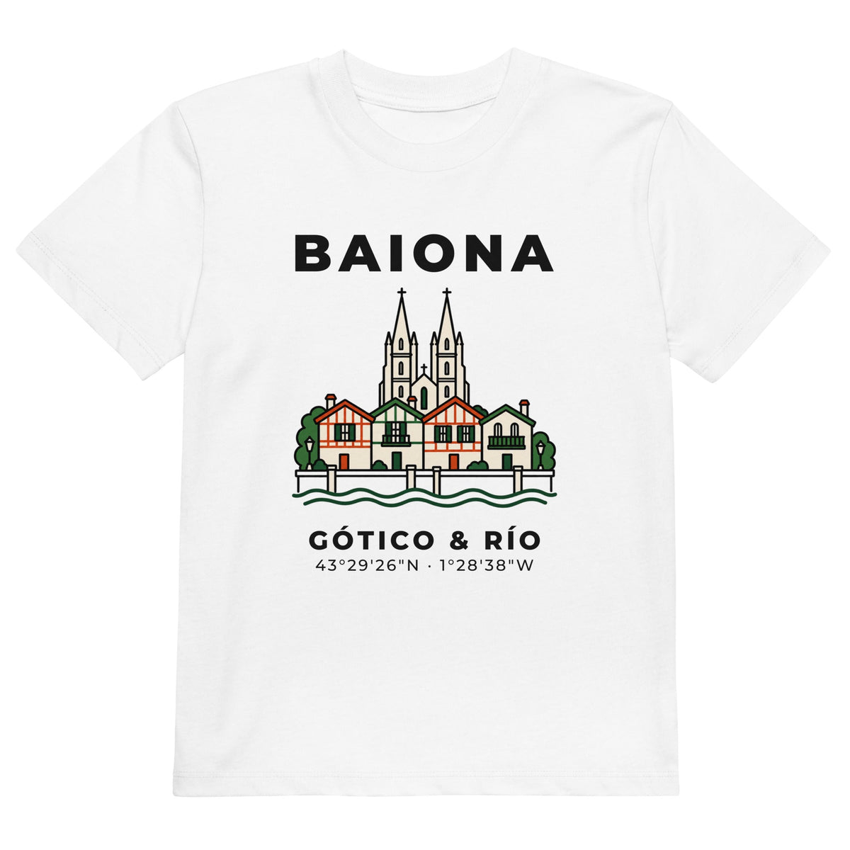 Camiseta de niños IZENA Baiona · Gótico & Río – en blanco, de frente