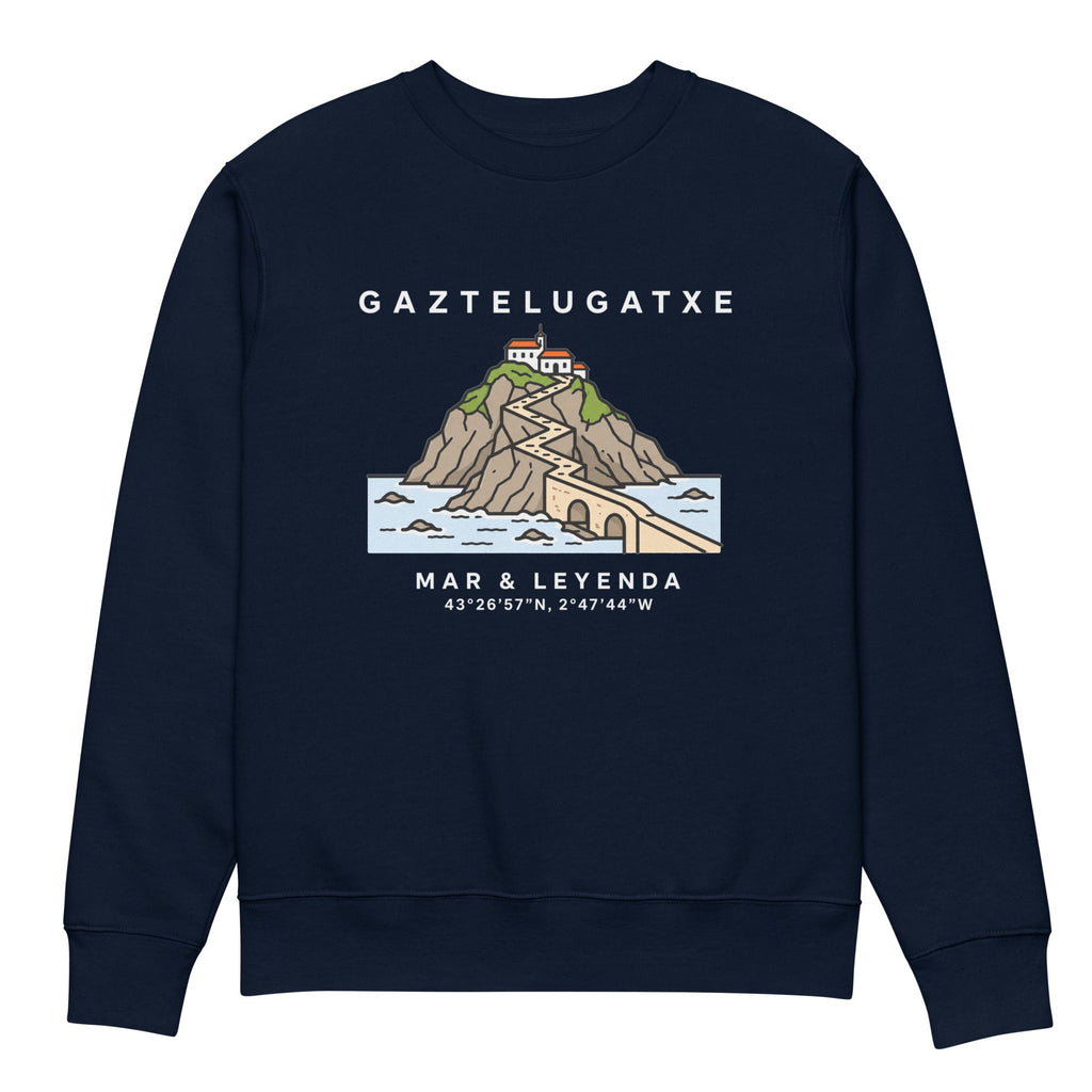 Sudadera IZENA Gaztelugatxe · Mar & Leyenda Premium 350 g – en azul marino, de frente