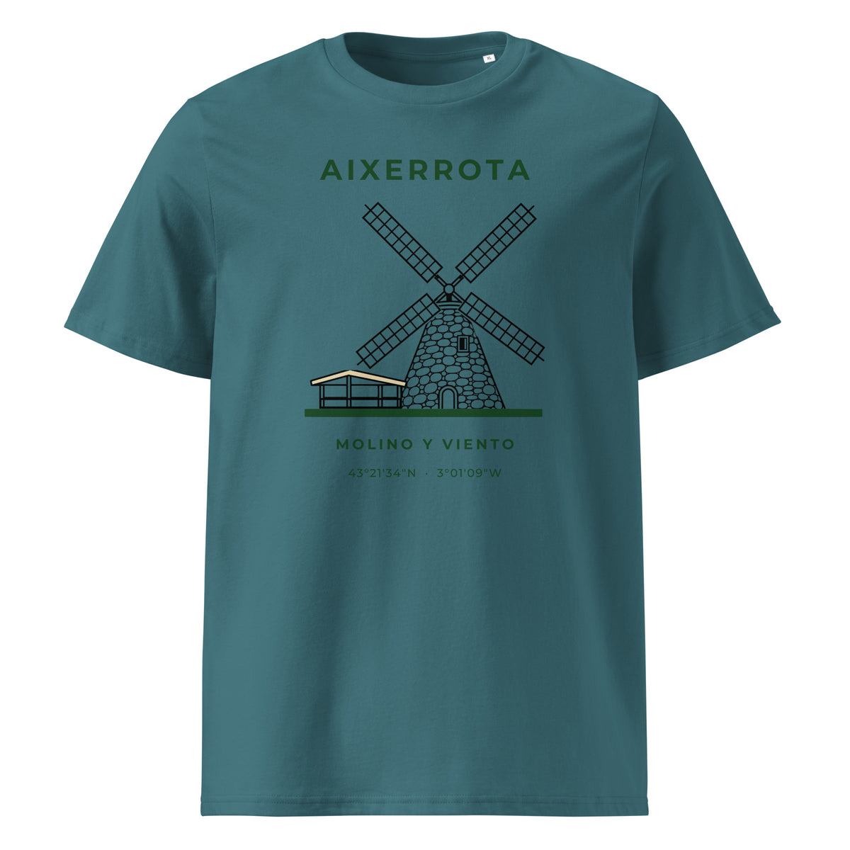 Camiseta IZENA Aixerrota · Molino y Viento – en azul petróleo, de frente