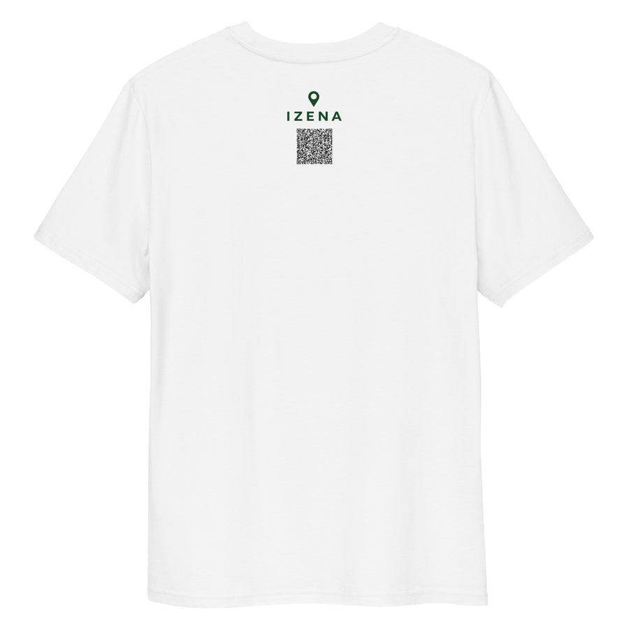 Camiseta IZENA Gaztelugatxe · Mar & Leyenda – en blanco, espalda con el QR