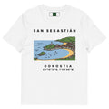 Camiseta de San Sebastián con la playa de La Concha ilustrada y QR en la espalda — algodón orgánico IZENA