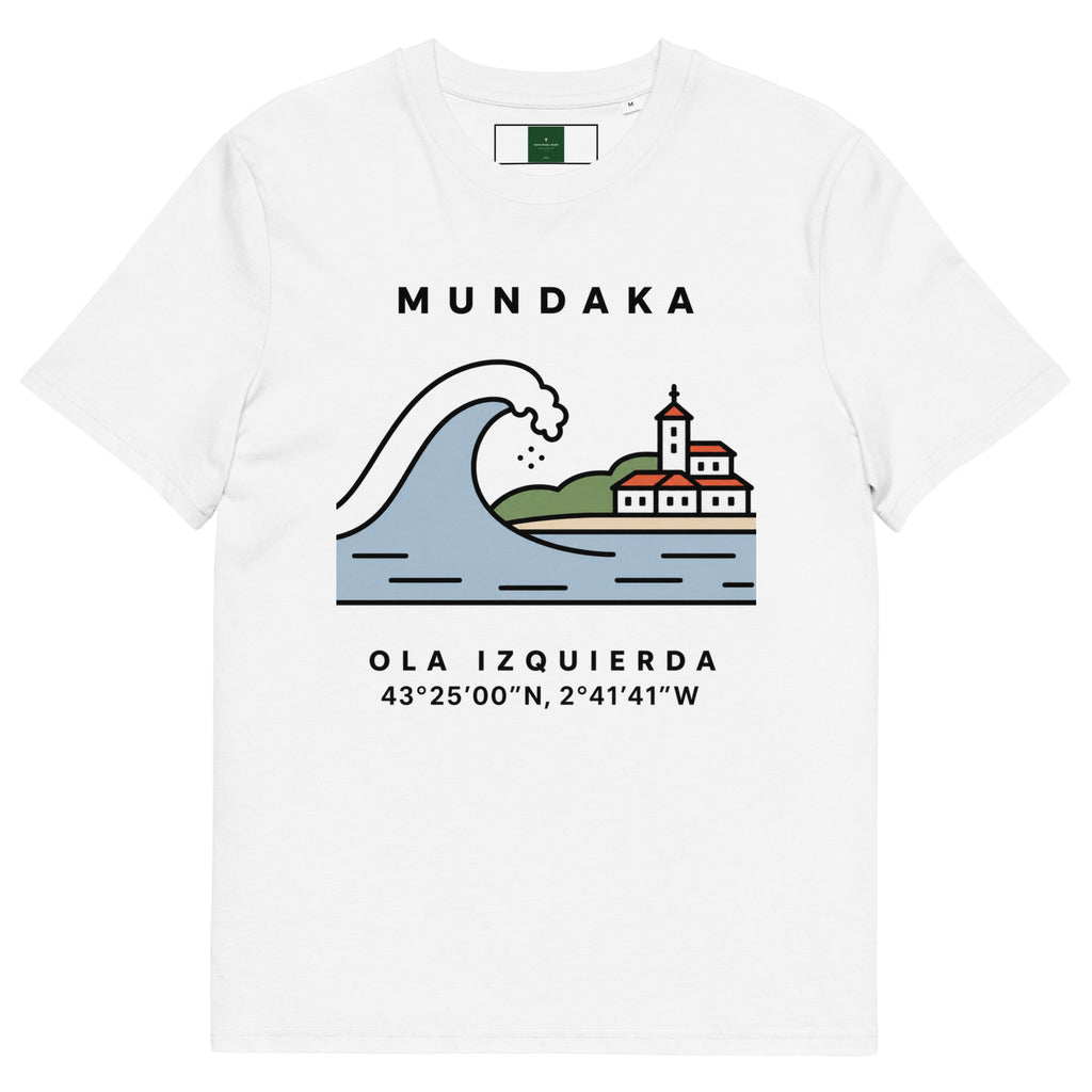 Camiseta de Mundaka con la ola izquierda ilustrada y QR en la espalda — algodón orgánico IZENA