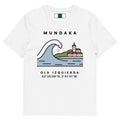 Camiseta de Mundaka con la ola izquierda ilustrada y QR en la espalda — algodón orgánico IZENA