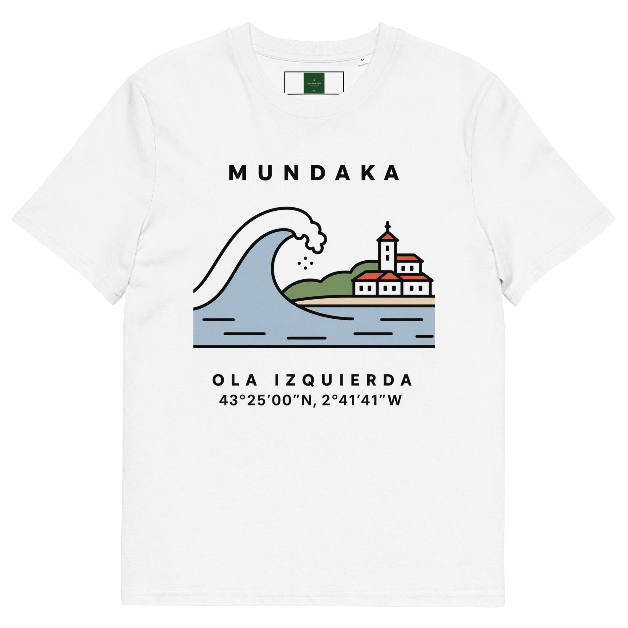 Camiseta de Mundaka con la ola izquierda ilustrada y QR en la espalda — algodón orgánico IZENA