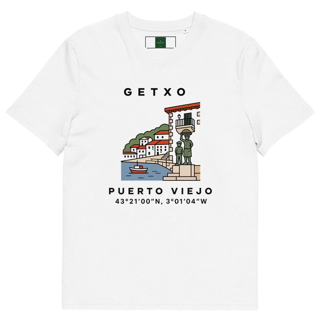 Camiseta de Getxo con el Puerto Viejo ilustrado y QR en la espalda — algodón orgánico IZENA