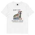 Camiseta de Getxo con el Puerto Viejo ilustrado y QR en la espalda — algodón orgánico IZENA