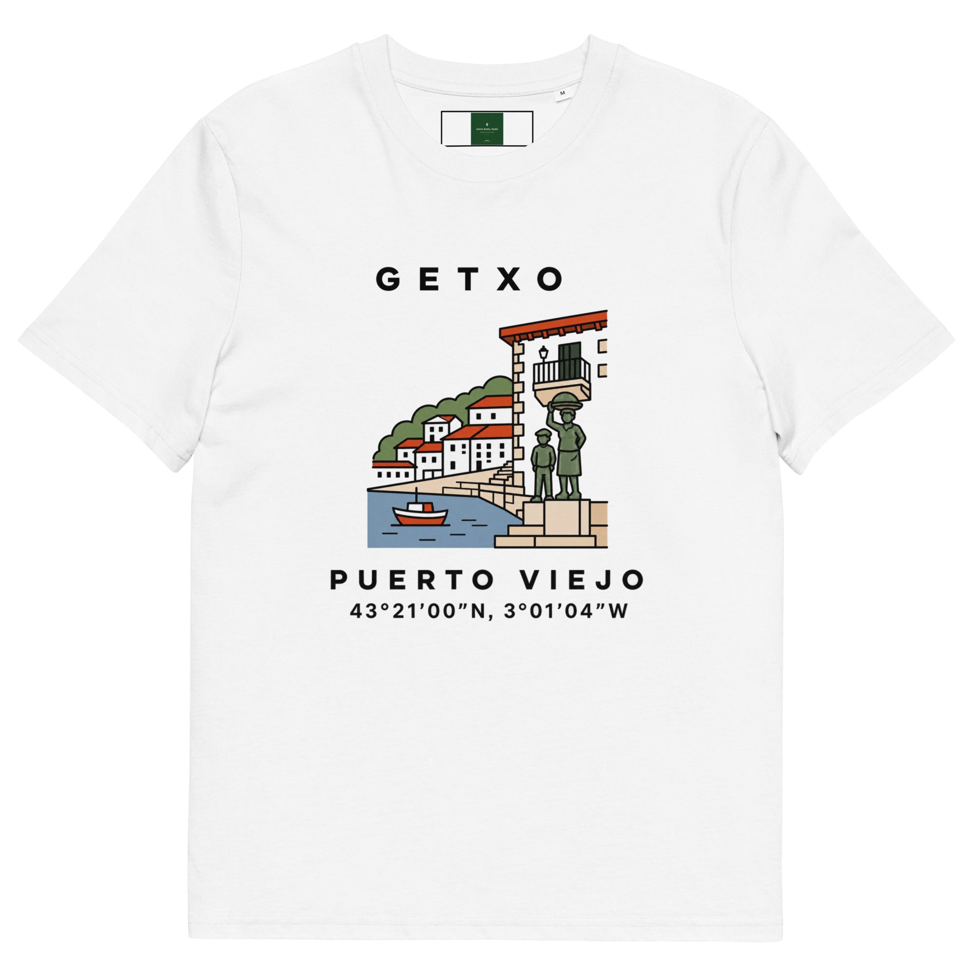 Camiseta de Getxo con el Puerto Viejo ilustrado y QR en la espalda — algodón orgánico IZENA