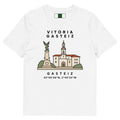 Camiseta de Vitoria-Gasteiz con la Virgen Blanca ilustrada y QR en la espalda — algodón orgánico IZENA