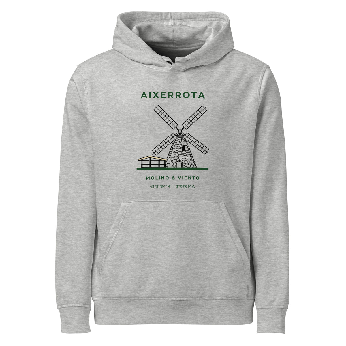 Sudadera con capucha IZENA Aixerrota · Molino y Viento – en gris jaspeado, de frente