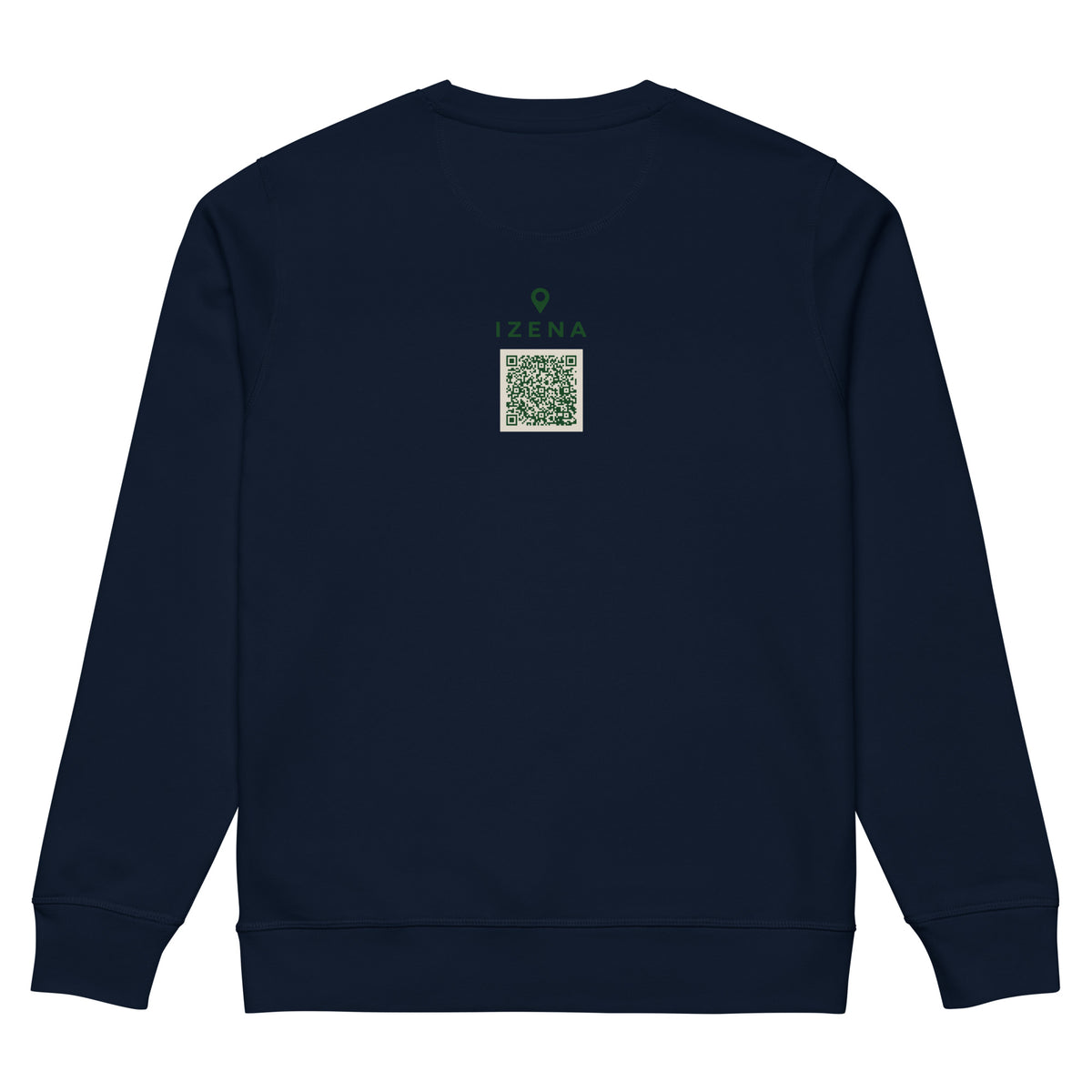 Sudadera de Gaztelugatxe azul marino vista de espalda con el QR a San Juan de Gaztelugatxe — IZENA 