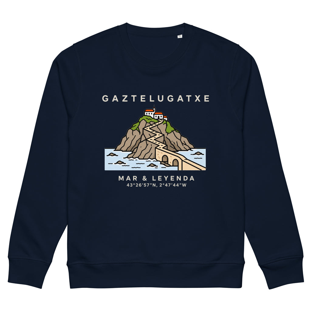 Sudadera azul marino de Gaztelugatxe con ilustración de la ermita y sus coordenadas — IZENA