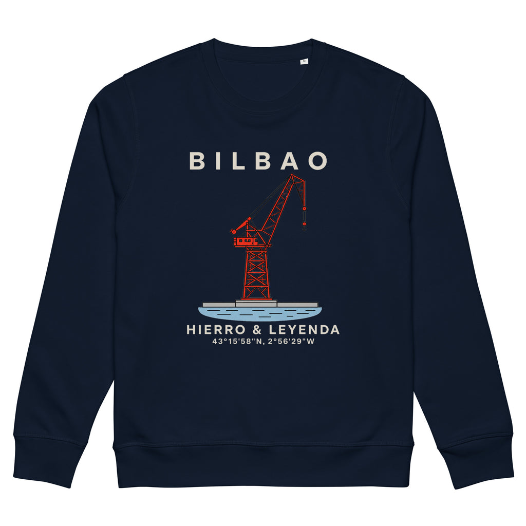 Sudadera azul marino de Bilbao con ilustración de la Grúa Carola y sus coordenadas — IZENA