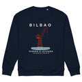 Sudadera azul marino de Bilbao con ilustración de la Grúa Carola y sus coordenadas — IZENA