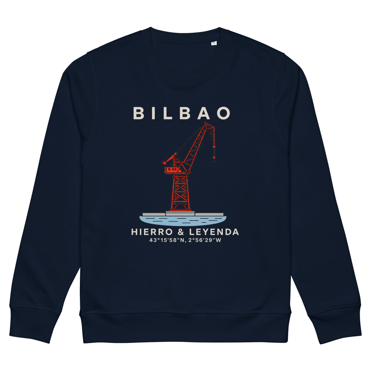 Sudadera azul marino de Bilbao con ilustración de la Grúa Carola y sus coordenadas — IZENA