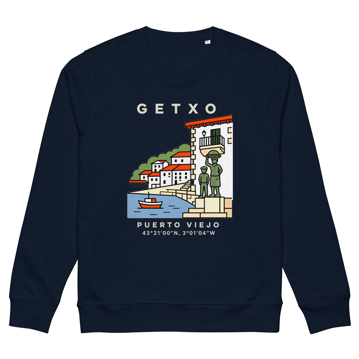 Sudadera azul marino de Getxo con ilustración del Puerto Viejo de Algorta y sus coordenadas — IZENA