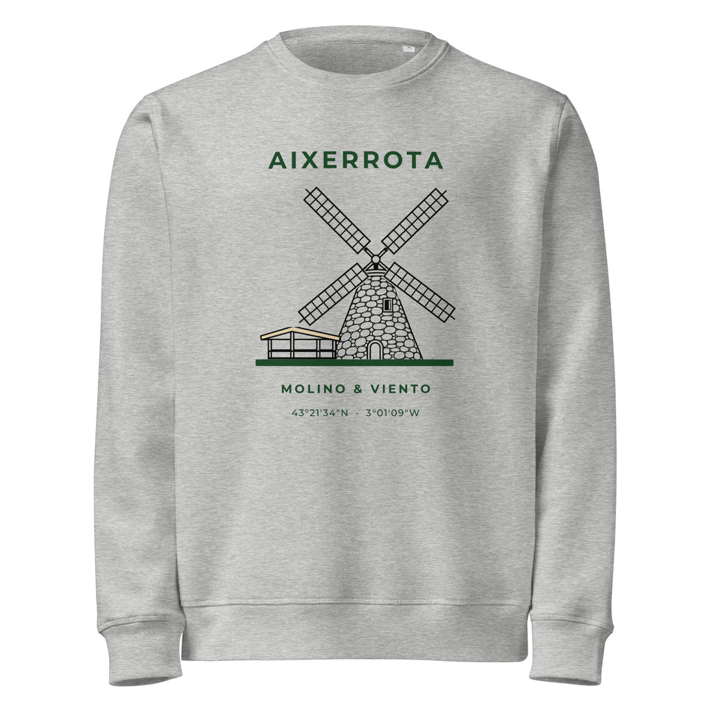 Sudadera IZENA Aixerrota · Molino y Viento – en gris jaspeado, de frente