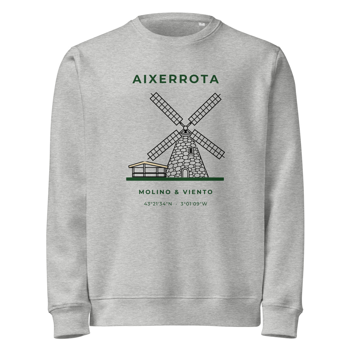 Sudadera IZENA Aixerrota · Molino y Viento – en gris jaspeado, de frente