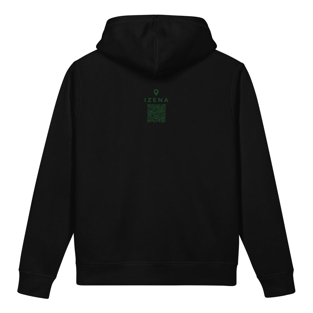 Sudadera con capucha IZENA Sopelana · El Peñón – en negro, espalda con el QR