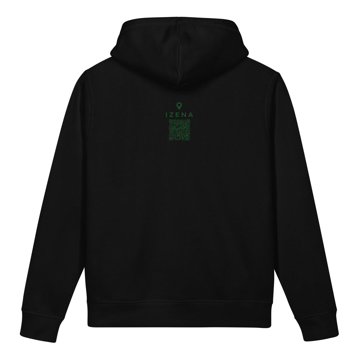 Sudadera con capucha IZENA Sopelana · El Peñón – en negro, espalda con el QR