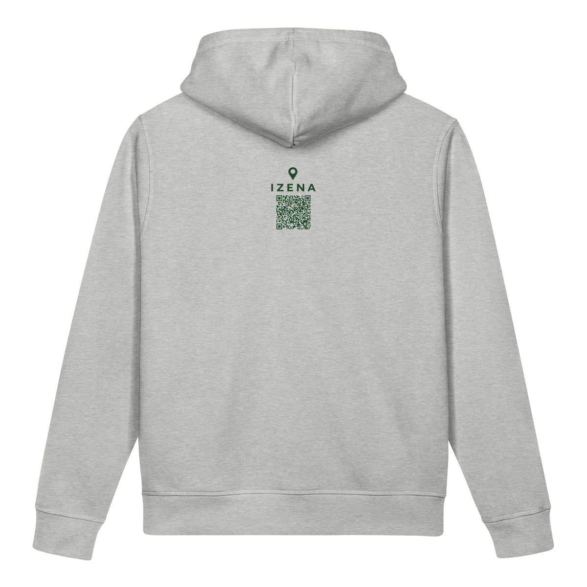 Sudadera con capucha IZENA Sopelana · El Peñón – en gris jaspeado, espalda con el QR